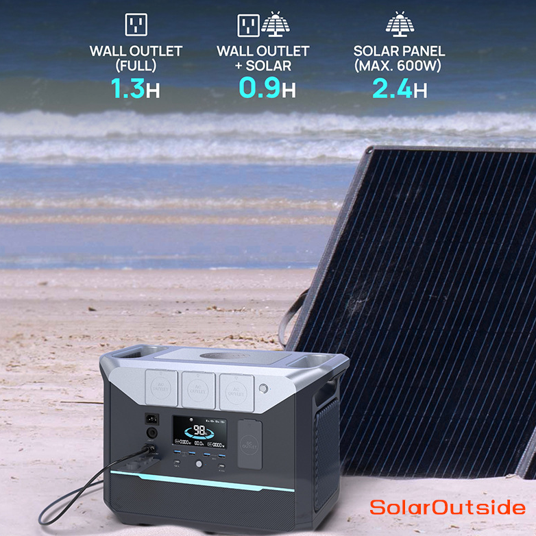 SolarOutside high-capacity portable power station with solar panel on a sandy beach. Key feature graphic shows fast charging times: 1.3H via Wall Outlet, 0.9H via Dual Wall Outlet + Solar, and 2.4H via Max 600W Solar Panel. Smart LCD display shows 98% battery.