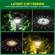Load image into Gallery viewer, Detailed view of intricate warm white star and flower-shaped light and shadow patterns projected onto green grass by a solar landscape stake light.
