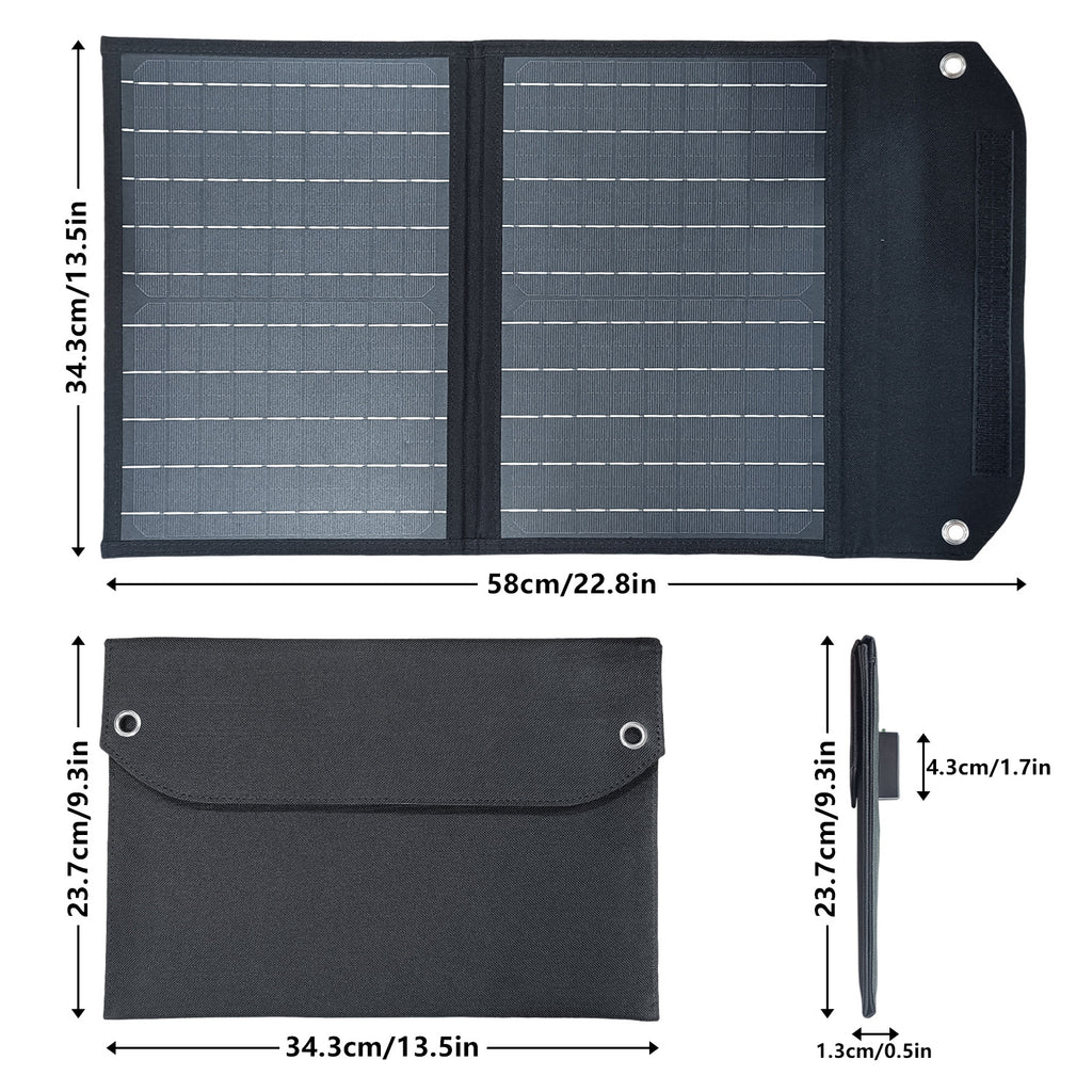 SolarOutside 20W lightweight solar panel charger attached to a hiker’s backpack with built-in metal eyelets and a carabiner clip. A close-up view shows the secure carabiner attachment point for charging on the go during hiking and backpacking trips.