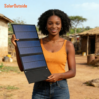 Smiling woman carrying SolarOutside foldable solar folding bag in a remote village