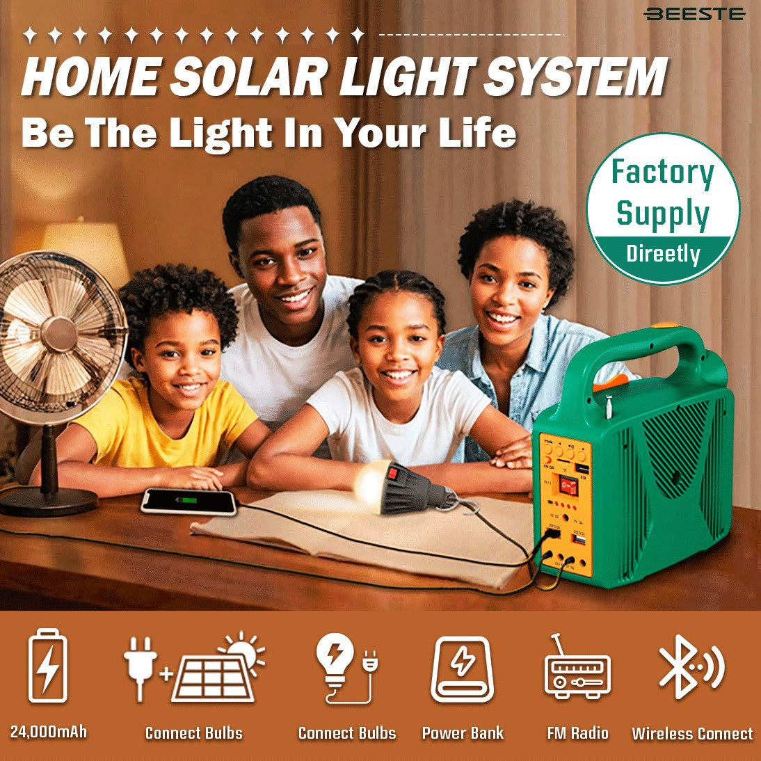 Portable Off-Grid Solar Power System - 24,000mAh Power Bank, FM Radio, Bluetooth Speaker, DC Fan & Multi-Light Output for Camping & Emergency Use